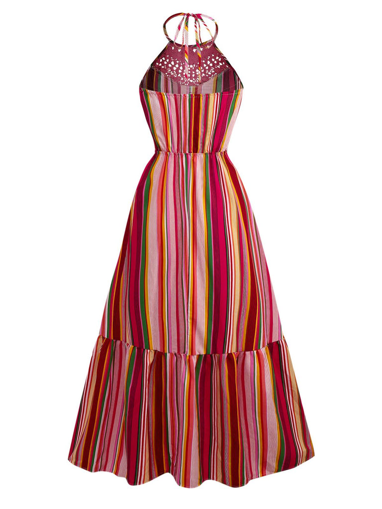 Multicolor 1970s Halter Rainbow Stripes Patchwork Dress