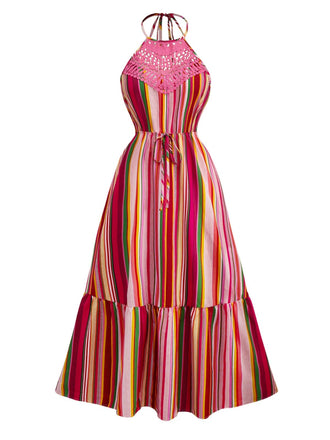 Multicolor 1970s Halter Rainbow Stripes Patchwork Dress