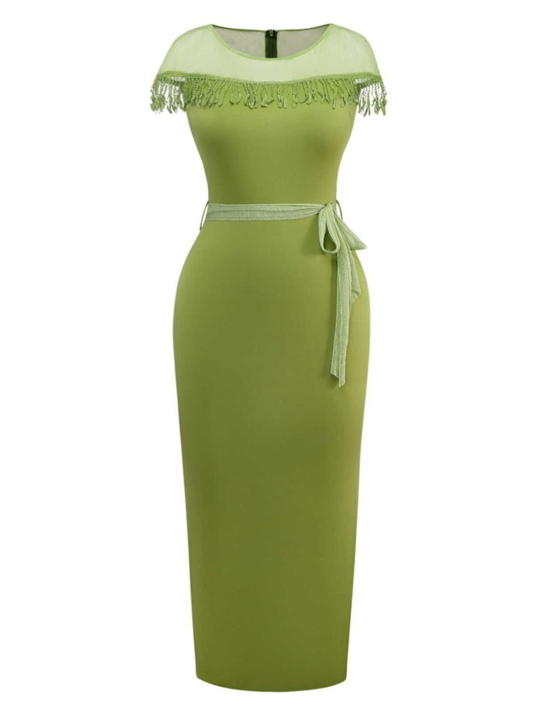 1960s Sheer Fringe Belted Bodycon Dress