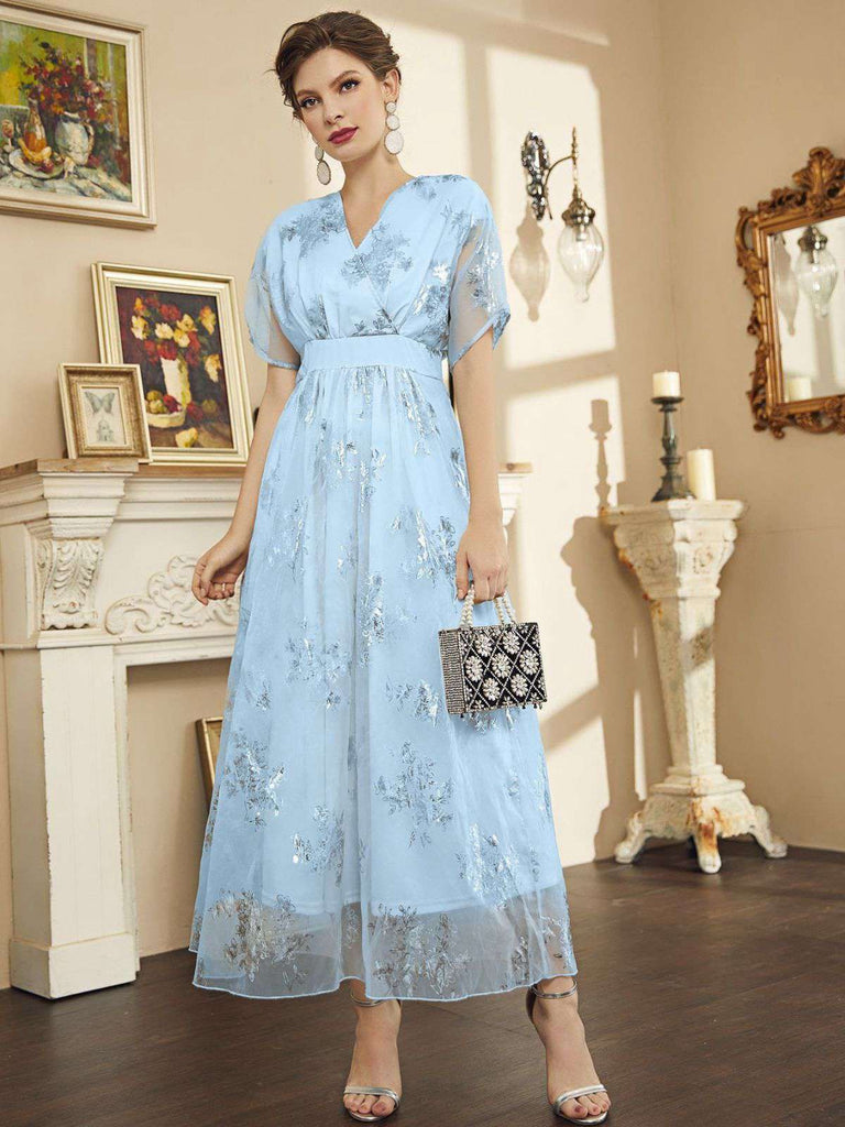 Light Blue 1940s Foil Stamping Mesh Patchwork Dress