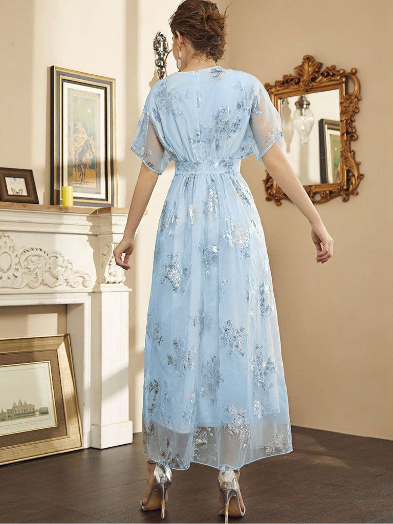 Light Blue 1940s Foil Stamping Mesh Patchwork Dress