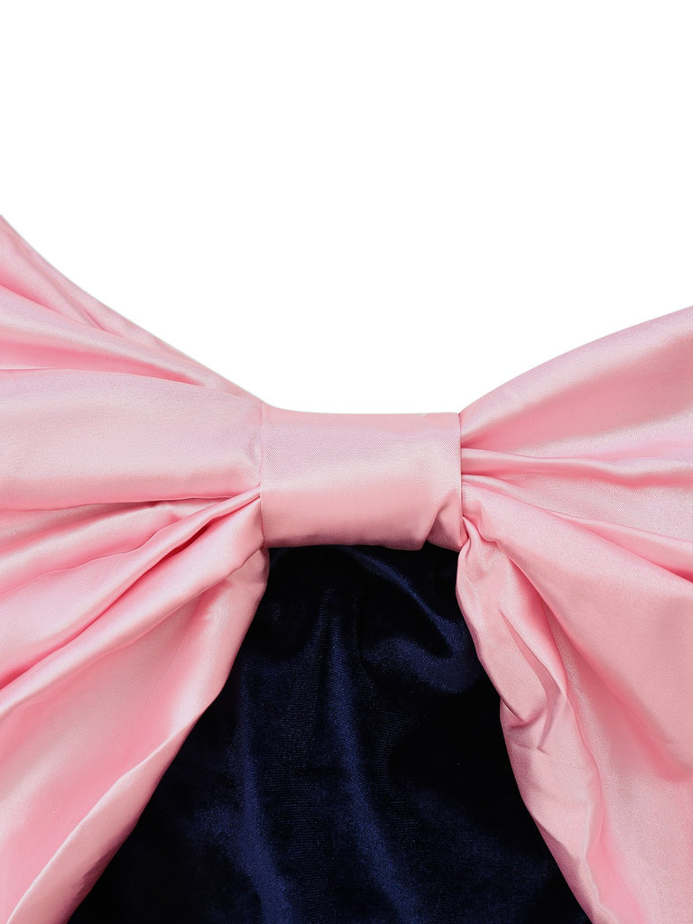 Pink 1960s Big Bow Off-Shoulder Velvet Dress