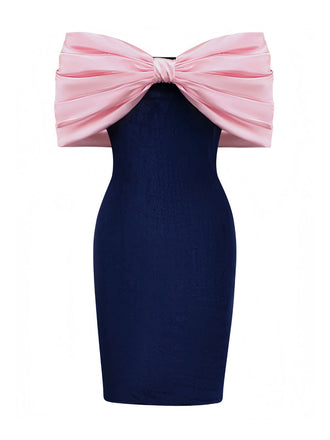 Pink 1960s Big Bow Off-Shoulder Velvet Dress