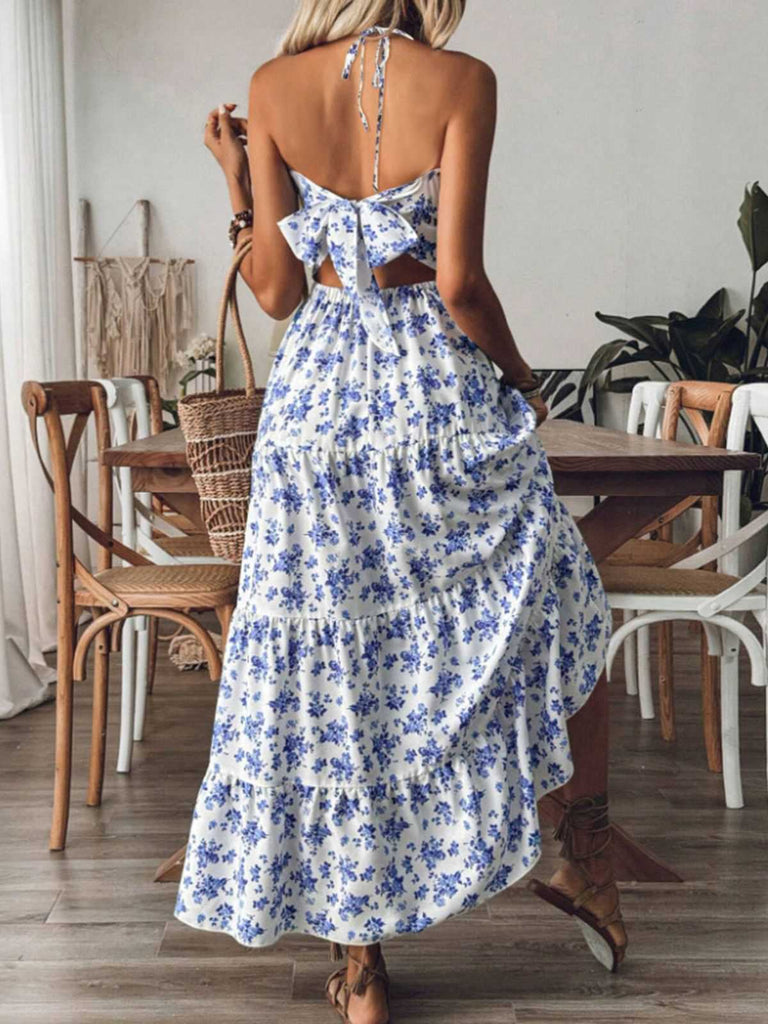 Blue 1930s Floral Tie Back Tiered Maxi Dress