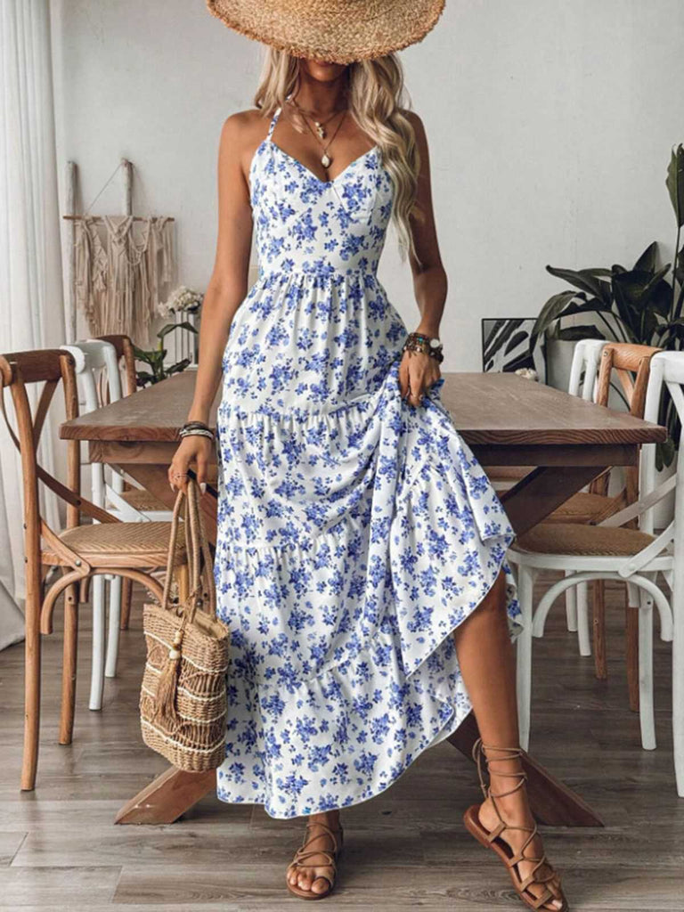 Blue 1930s Floral Tie Back Tiered Maxi Dress