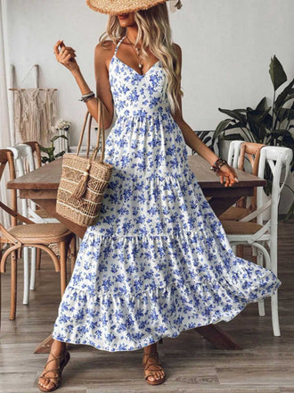 Blue 1930s Floral Tie Back Tiered Maxi Dress