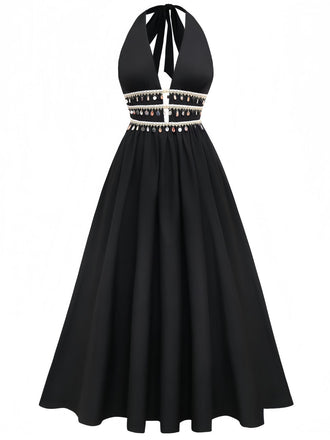 Black 1970s Bohemian Shell Fringe Smocked Dress