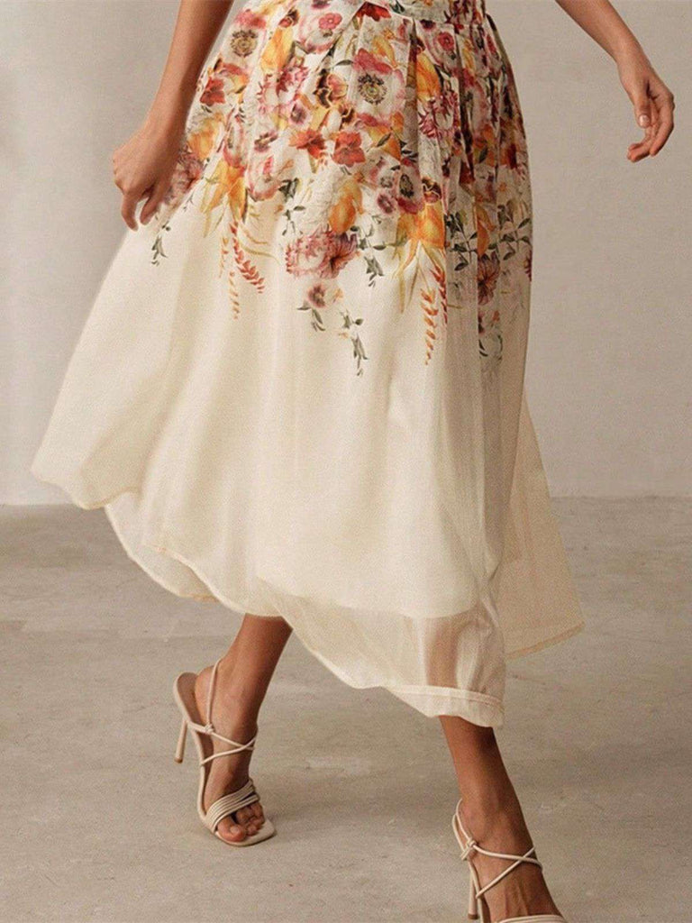 Beige 1940s Floral Mesh Patchwork Skirt