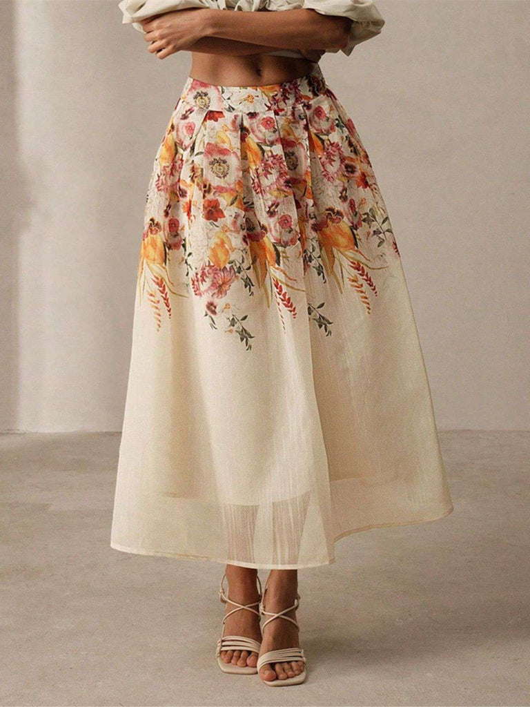 Beige 1940s Floral Mesh Patchwork Skirt