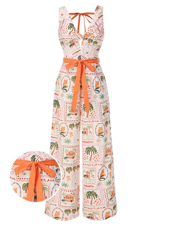 Orange 1950s Beach Stamps Twisted Jumpsuit