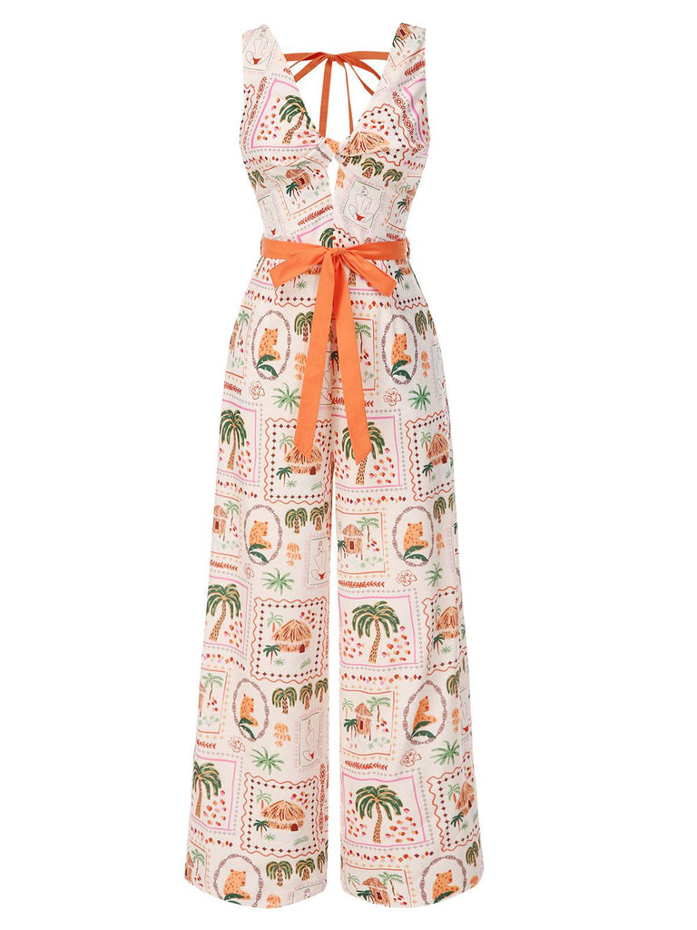 Orange 1950s Beach Stamps Twisted Jumpsuit