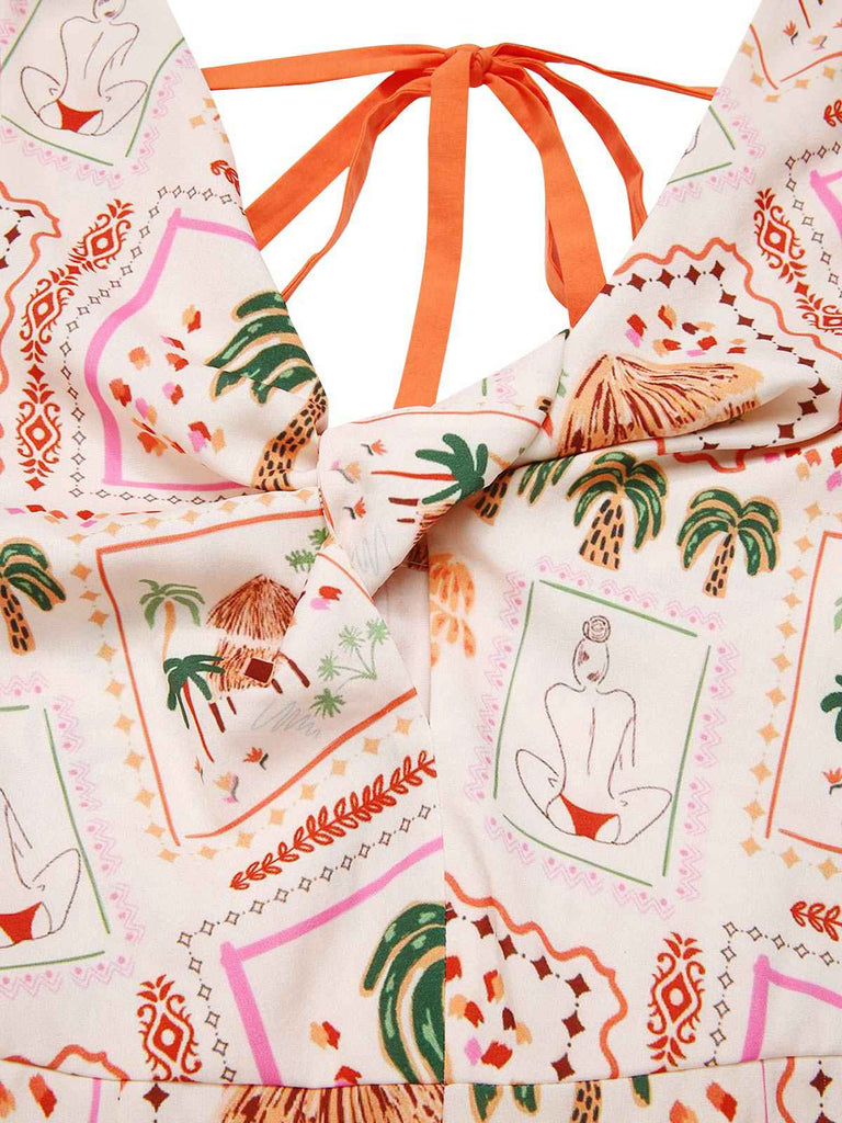 Orange 1950s Beach Stamps Twisted Jumpsuit