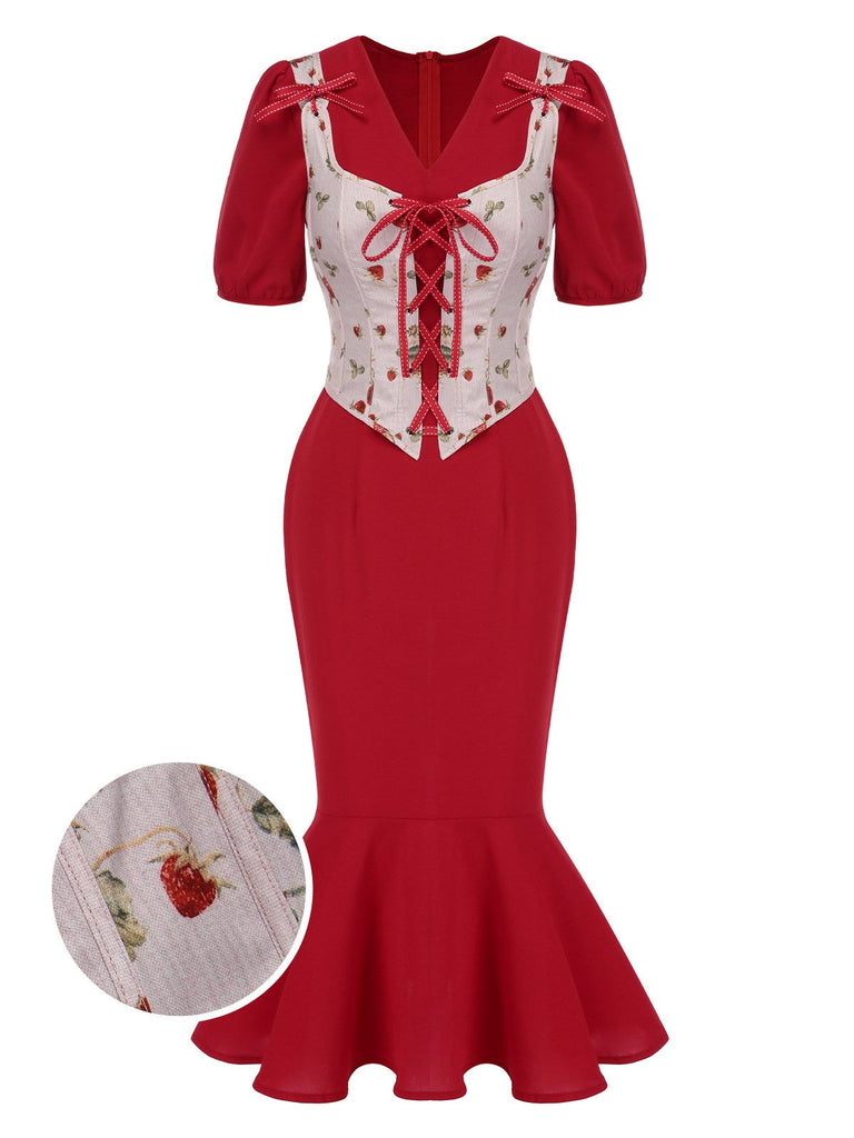 [Pre-Sale] 2PCS Red 1930s Strawberry Strap Corset & Fishtail Dress