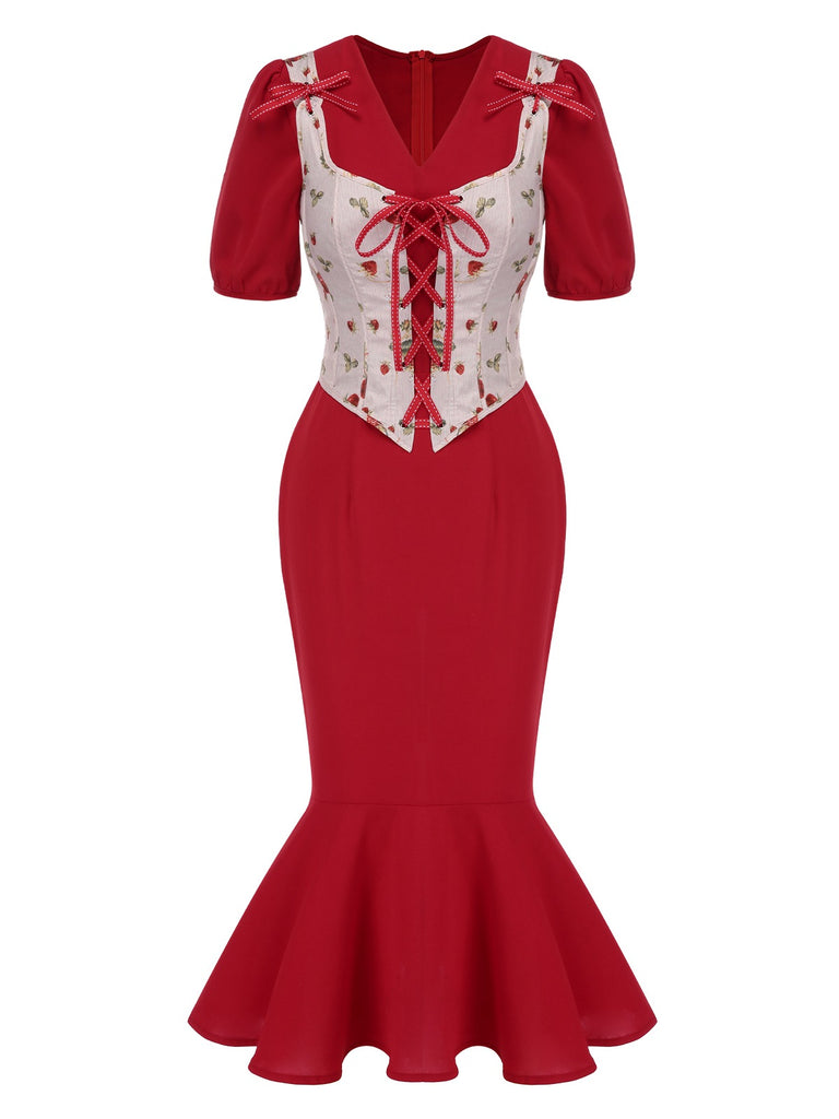 [Pre-Sale] 2PCS Red 1930s Strawberry Strap Corset & Fishtail Dress