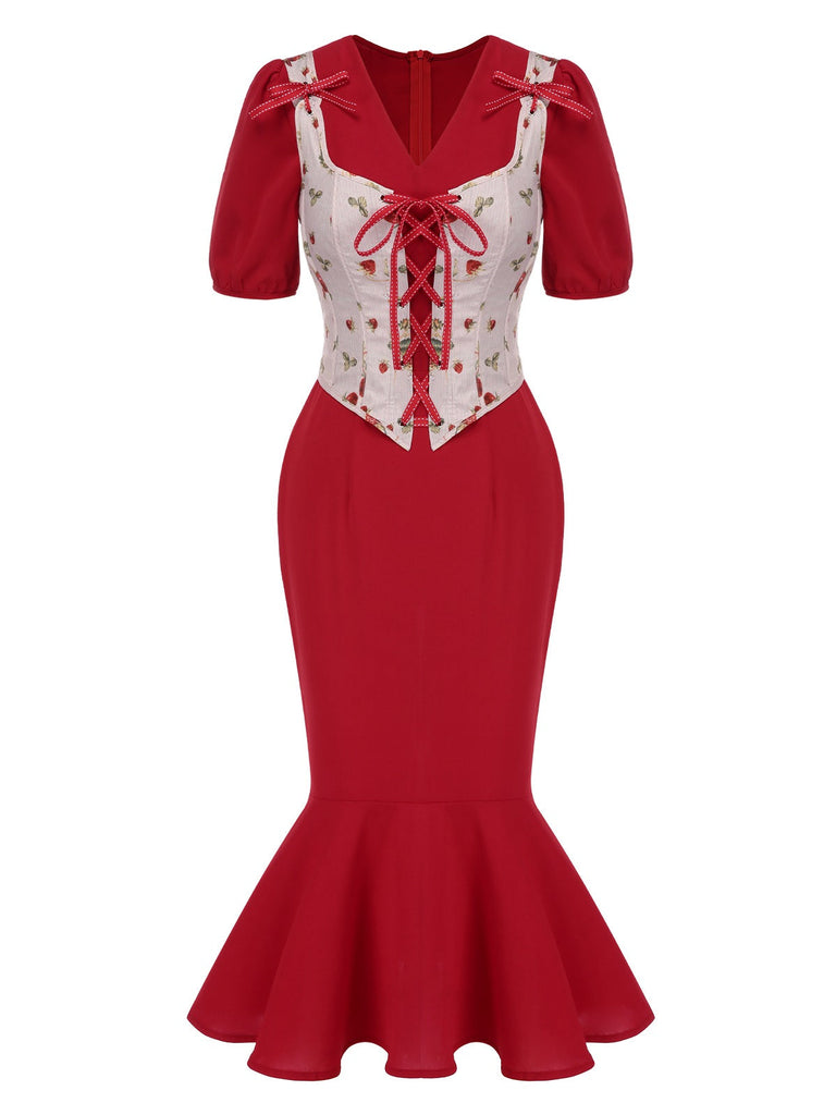 [Pre-Sale] 2PCS Red 1930s Strawberry Strap Corset & Fishtail Dress