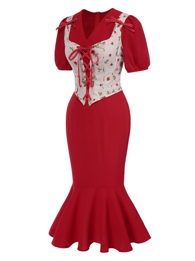 [Pre-Sale] 2PCS Red 1930s Strawberry Strap Corset & Fishtail Dress