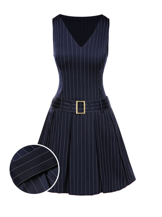 1960s Drop Waist Pleated Striped Belted Dress