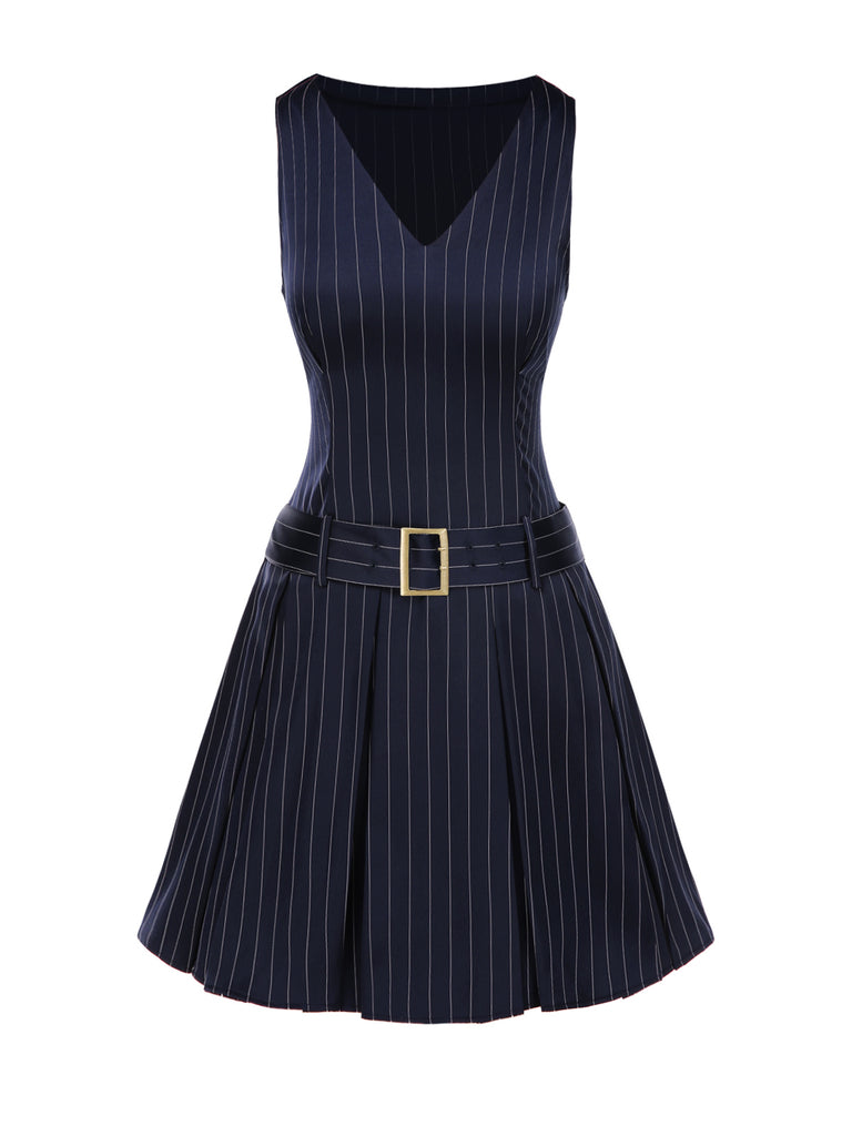1960s Drop Waist Pleated Striped Belted Dress