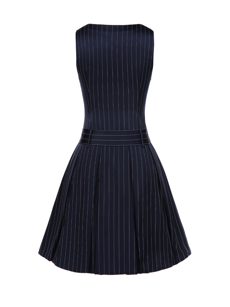 1960s Drop Waist Pleated Striped Belted Dress