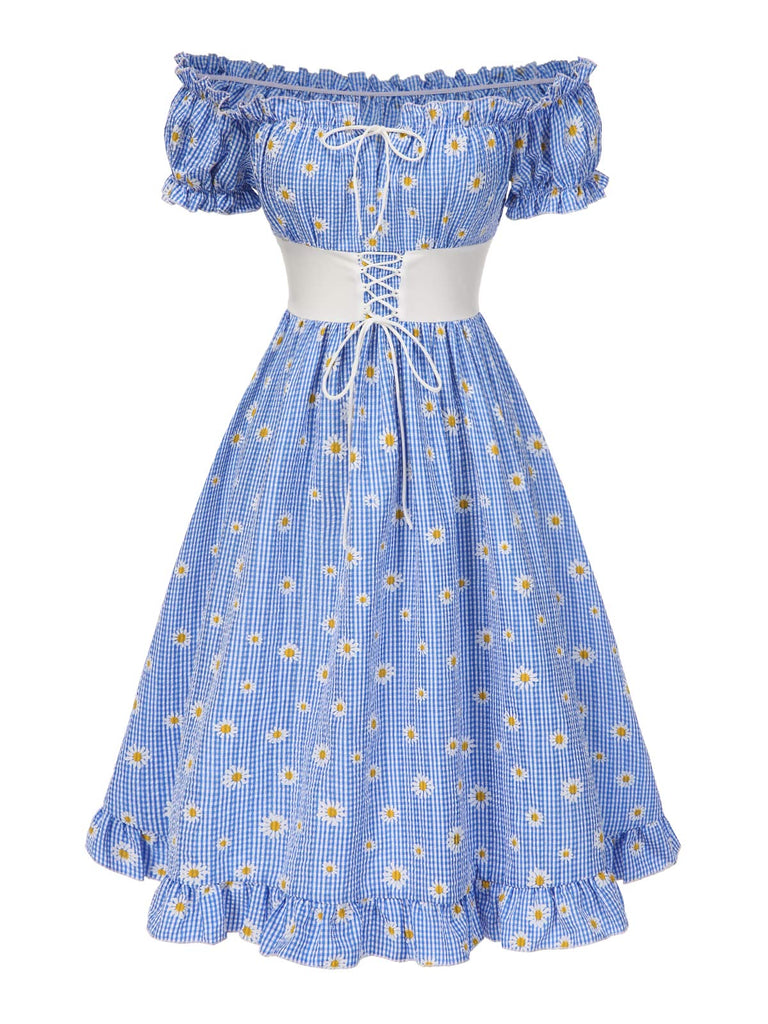 Blue 1950s Off-Shoulder Plaids Daisy Lace-Up Dress
