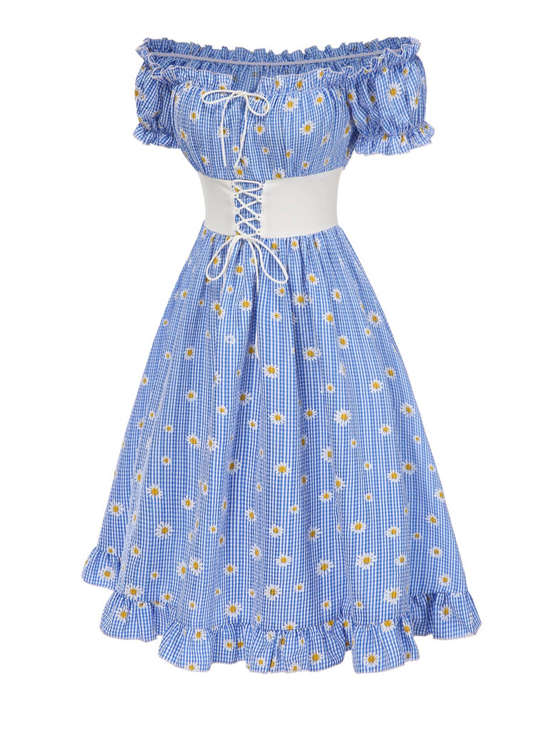 Blue 1950s Off-Shoulder Plaids Daisy Lace-Up Dress
