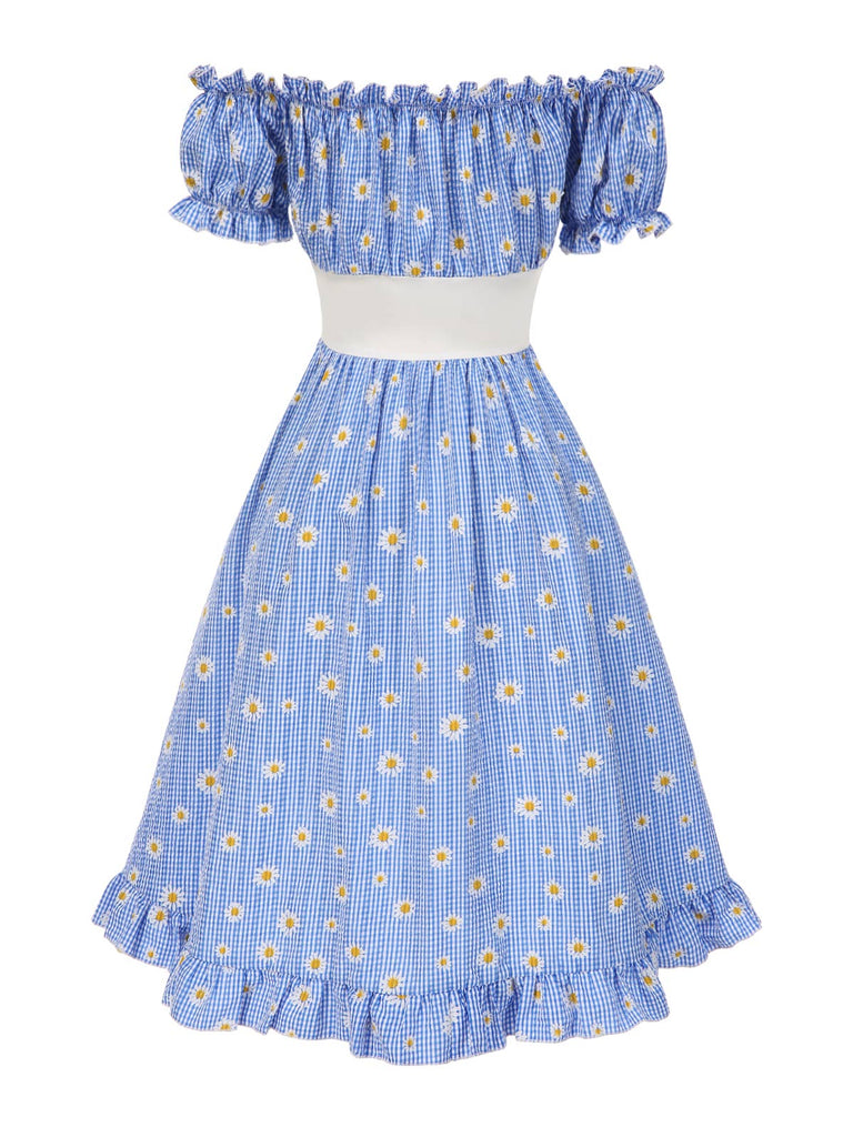 Blue 1950s Off-Shoulder Plaids Daisy Lace-Up Dress