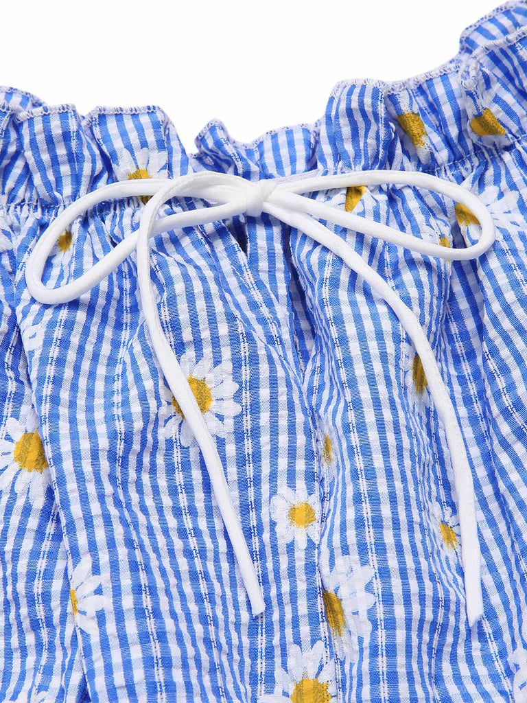 Blue 1950s Off-Shoulder Plaids Daisy Lace-Up Dress