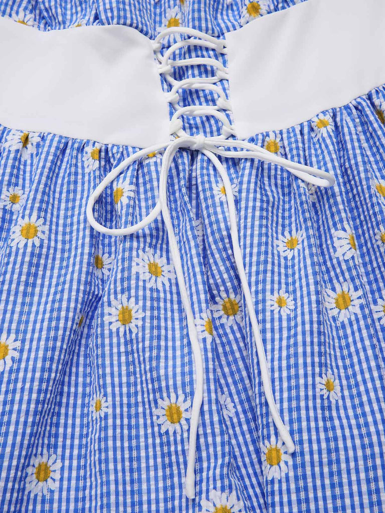 Blue 1950s Off-Shoulder Plaids Daisy Lace-Up Dress