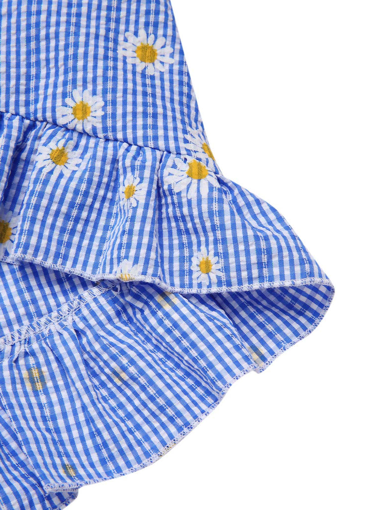 Blue 1950s Off-Shoulder Plaids Daisy Lace-Up Dress