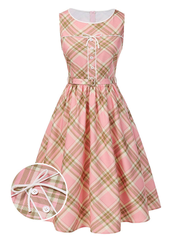 [Pre-Sale] Pink 1950s Gingham Plaid Sleeveless Belted Dress