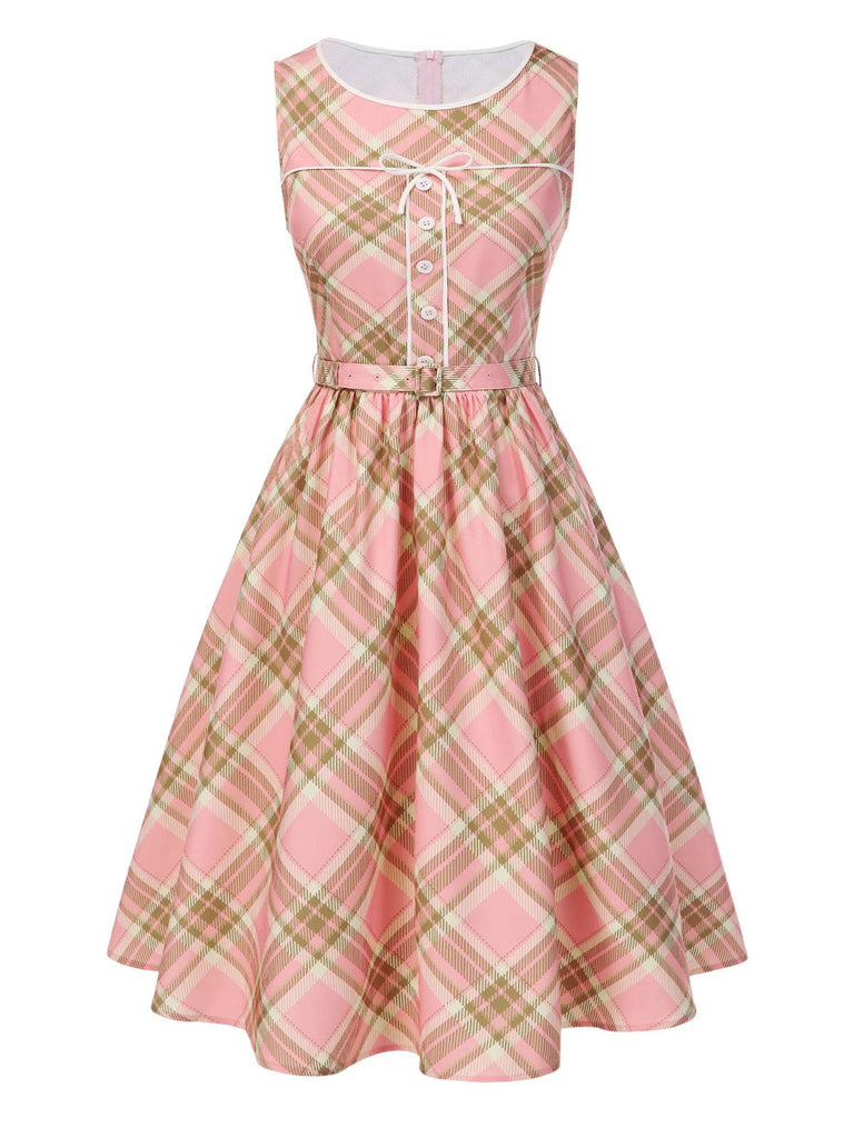 [Pre-Sale] Pink 1950s Gingham Plaid Sleeveless Belted Dress
