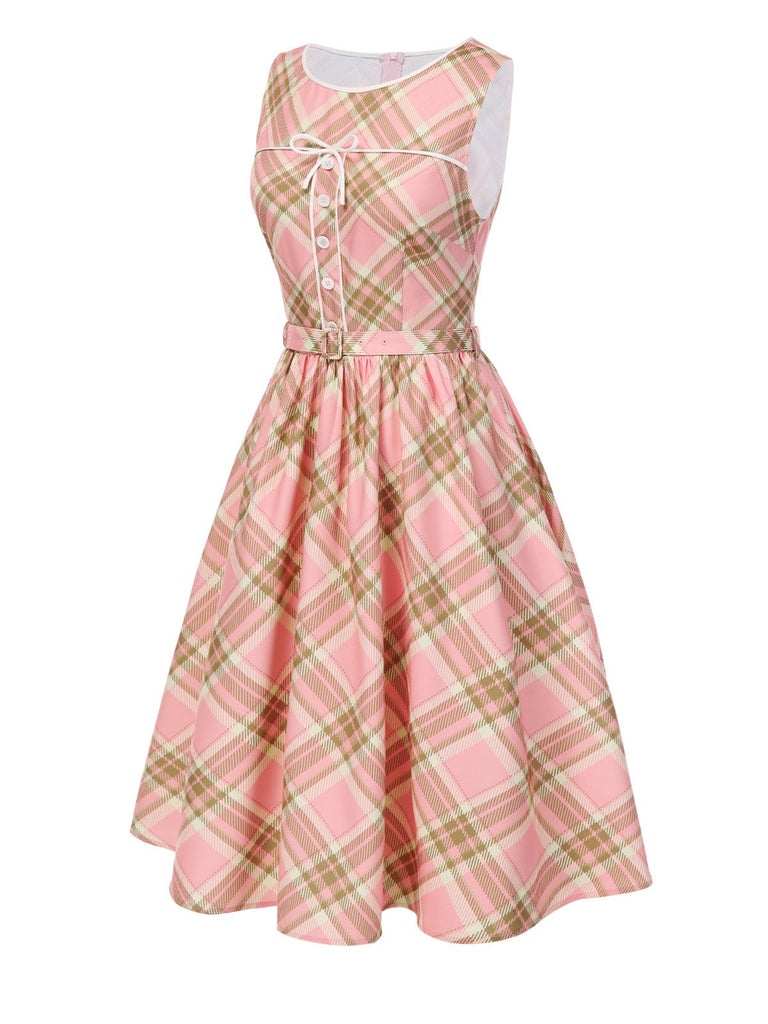[Pre-Sale] Pink 1950s Gingham Plaid Sleeveless Belted Dress