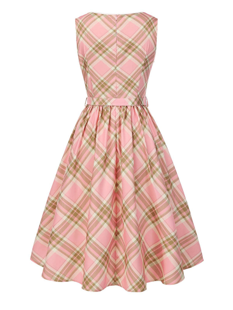 [Pre-Sale] Pink 1950s Gingham Plaid Sleeveless Belted Dress