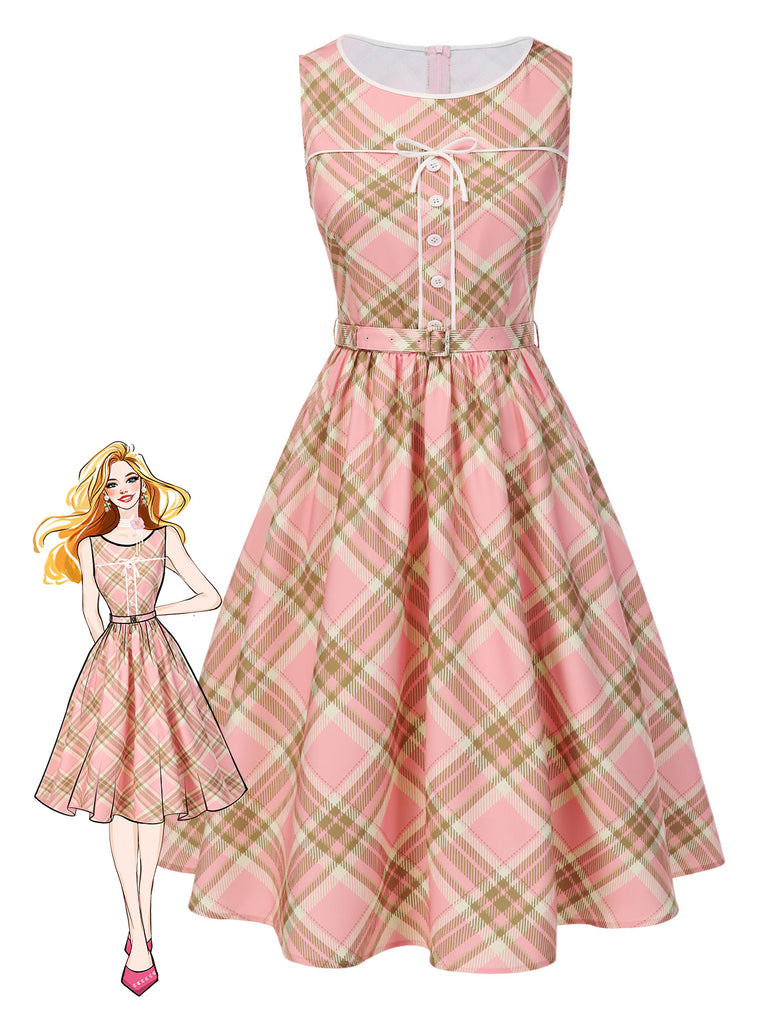 [Pre-Sale] Pink 1950s Gingham Plaid Sleeveless Belted Dress