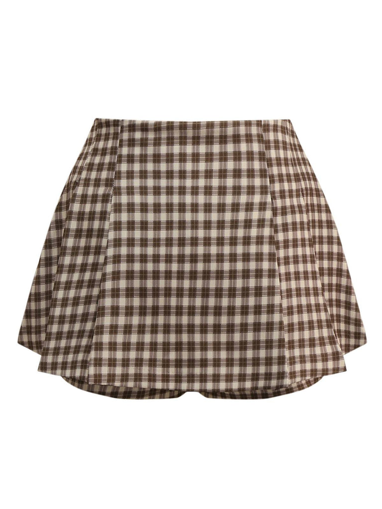 2PCS Brown 1960s Gingham Plaid Pleated Vest & Skirt