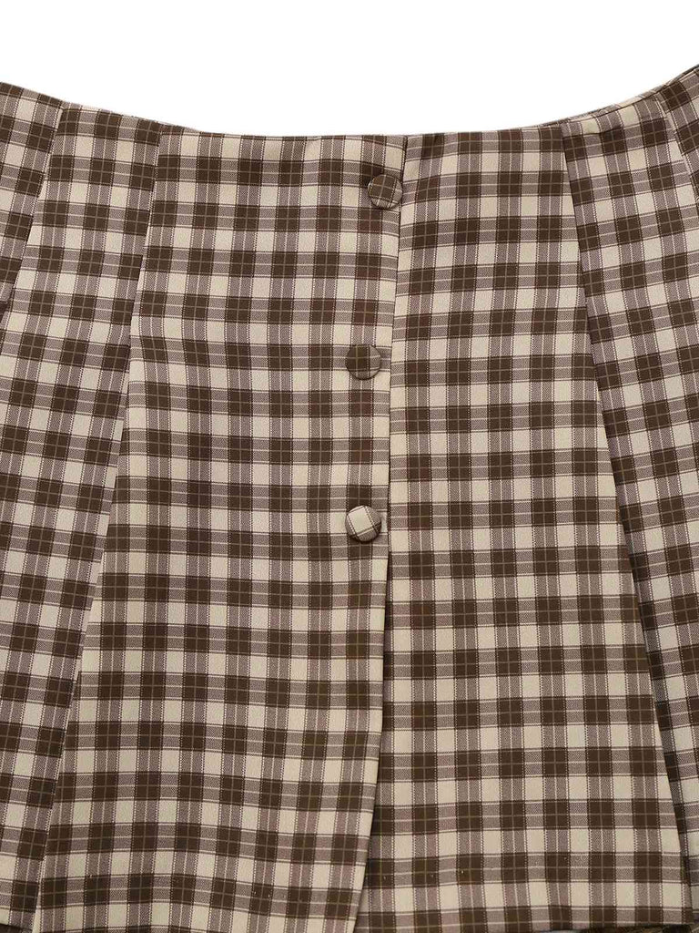 2PCS Brown 1960s Gingham Plaid Pleated Vest & Skirt