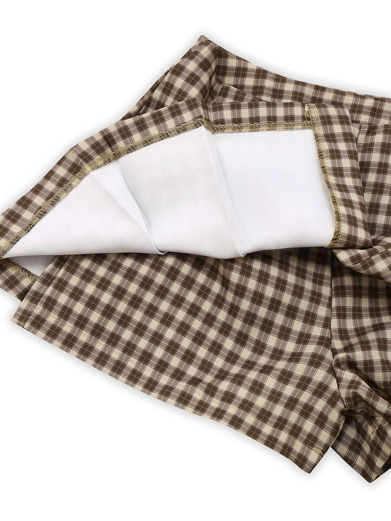 2PCS Brown 1960s Gingham Plaid Pleated Vest & Skirt