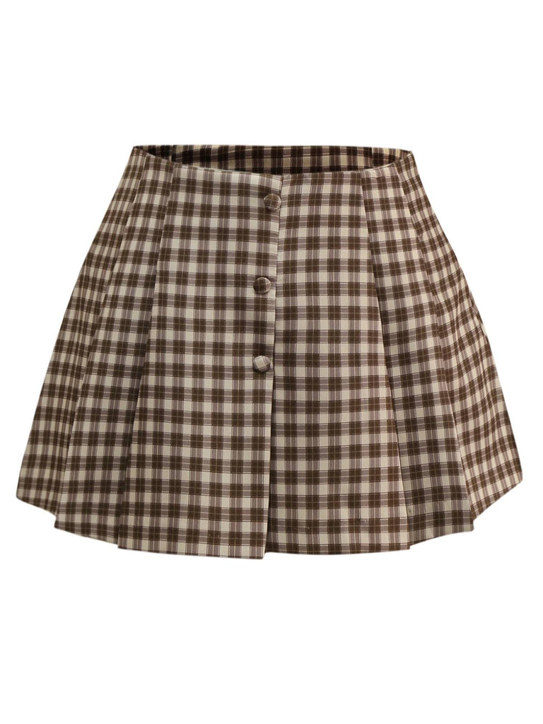 2PCS Brown 1960s Gingham Plaid Pleated Vest & Skirt