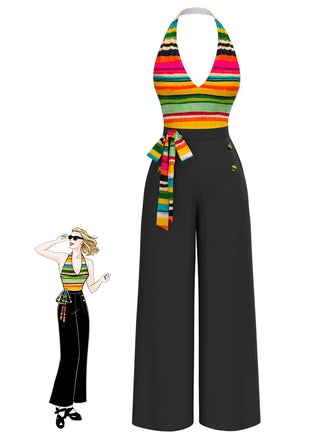 Multicolor 1970s Striped Bow Halter Jumpsuit