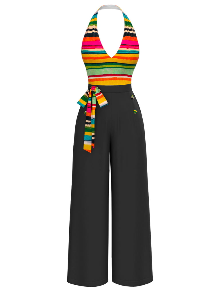 Multicolor 1970s Striped Bow Halter Jumpsuit