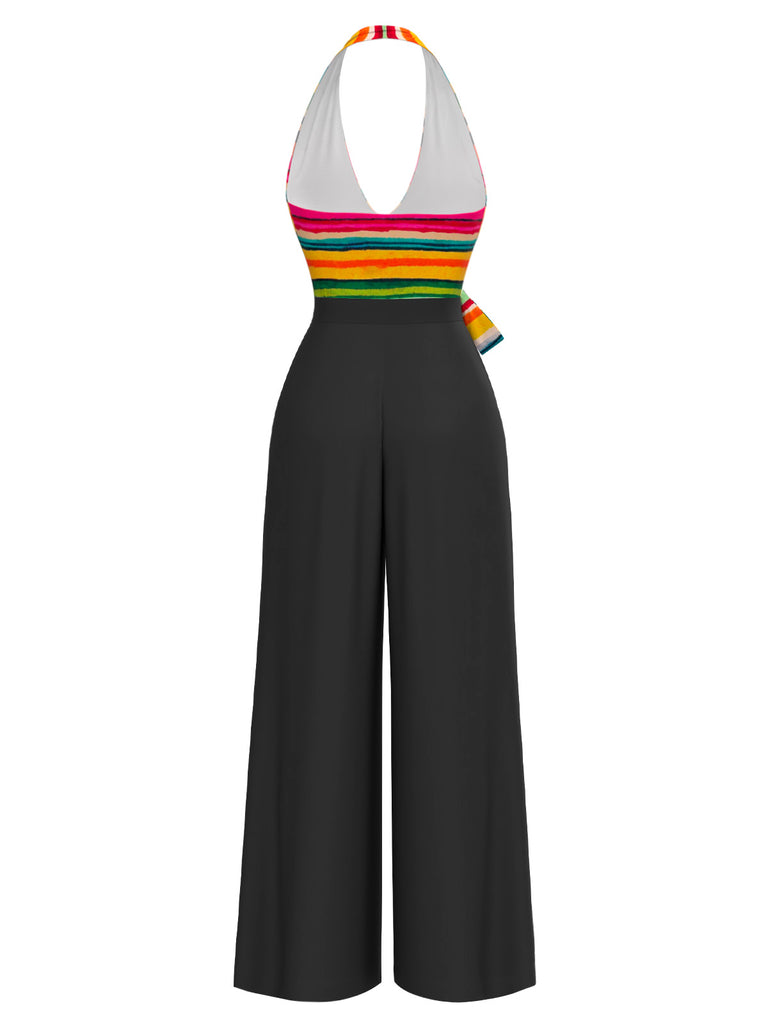 Multicolor 1970s Striped Bow Halter Jumpsuit