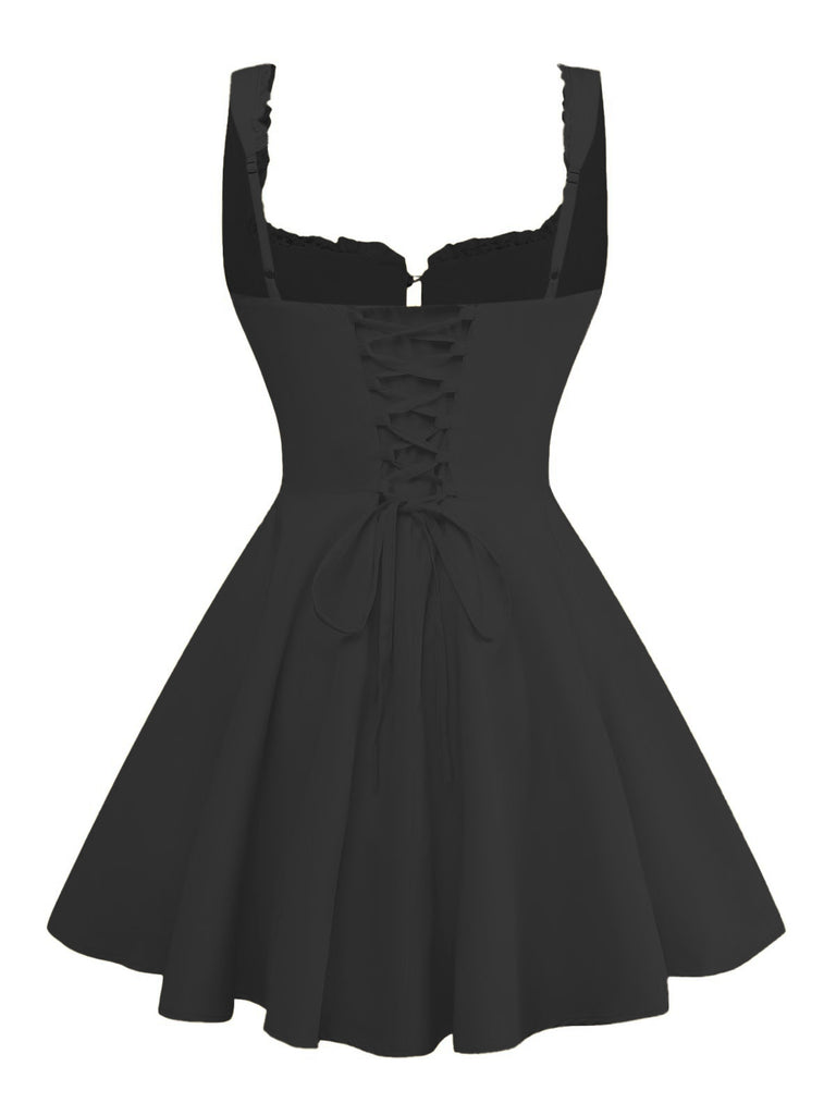 1960s Solid Lace Straps Lace-Up Skater Dress
