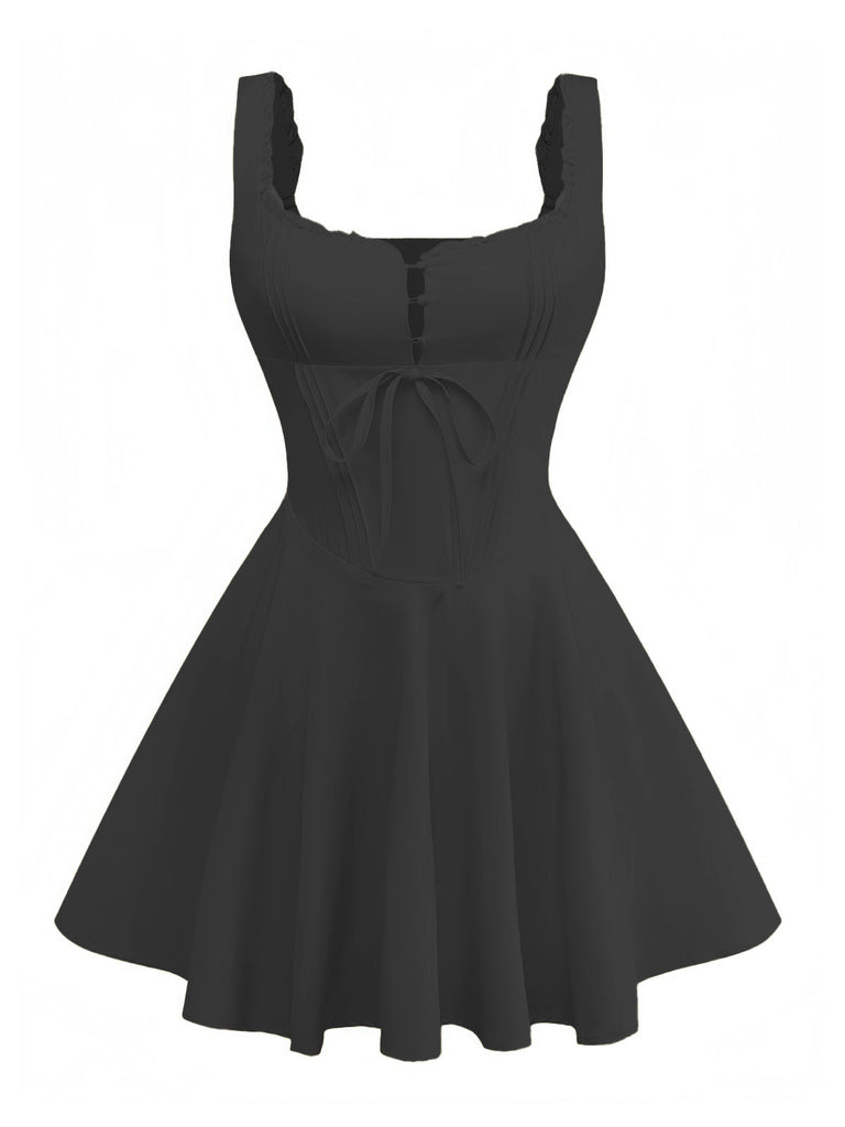 1960s Solid Lace Straps Lace-Up Skater Dress