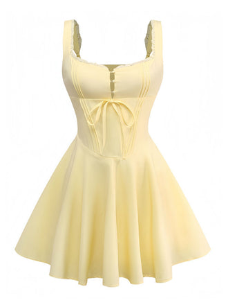 1960s Solid Lace Straps Lace-Up Skater Dress