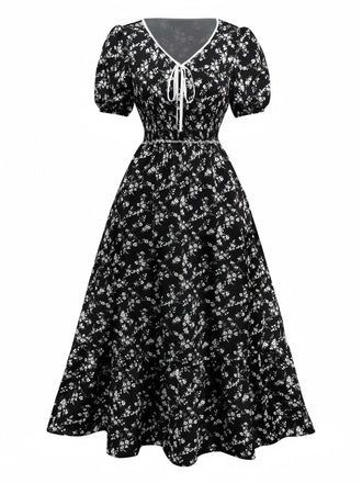 Black 1940s V-Neck Puff Ditsy Floral Dress