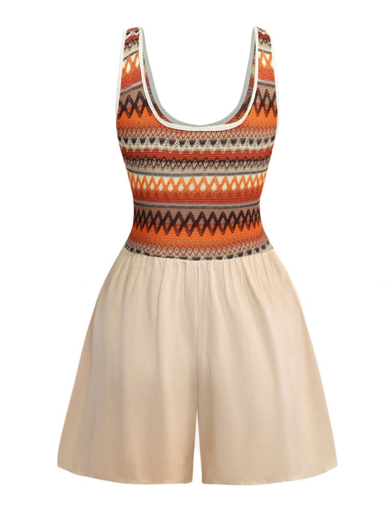 Apricot 1970s Boho Square Neck Patchwork Romper