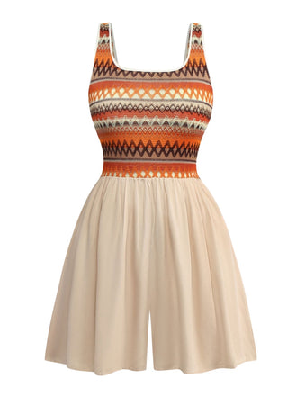 Apricot 1970s Boho Square Neck Patchwork Romper