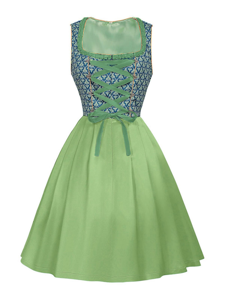 2PCS Green 1950s Floral Patchwork Dress & Embroidered Apron