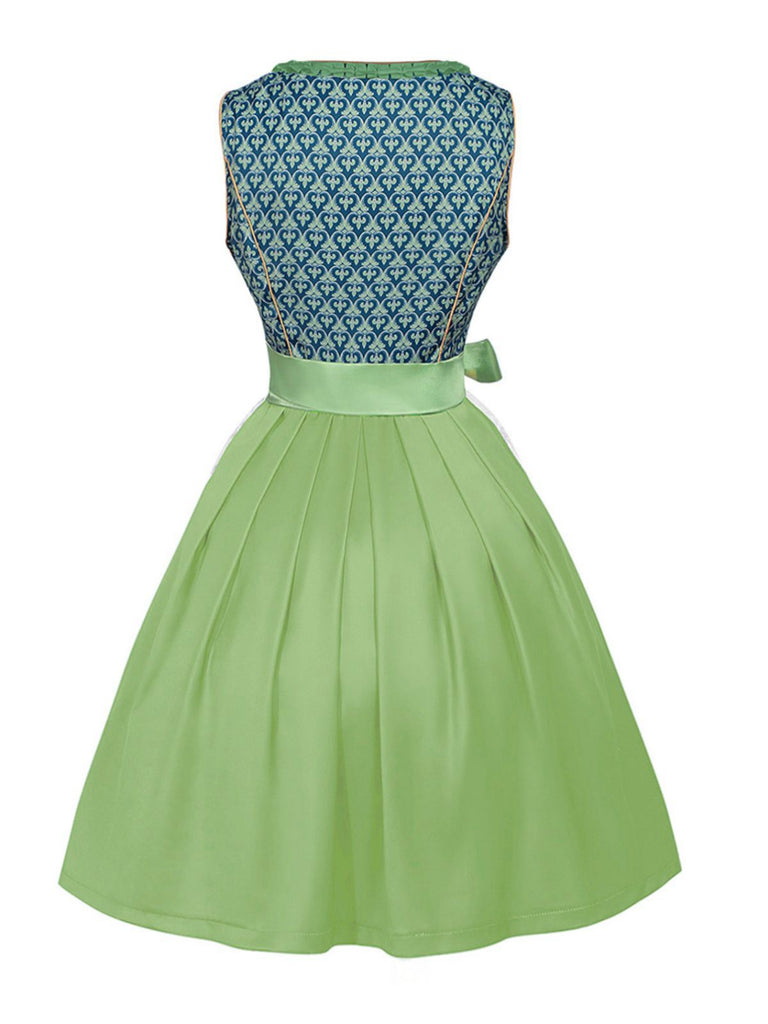 2PCS Green 1950s Floral Patchwork Dress & Embroidered Apron