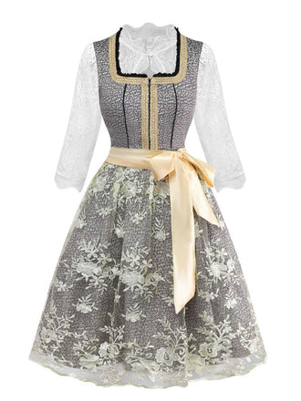 3PCS Gold 1950s Lace Top & Square Neck Floral Dress